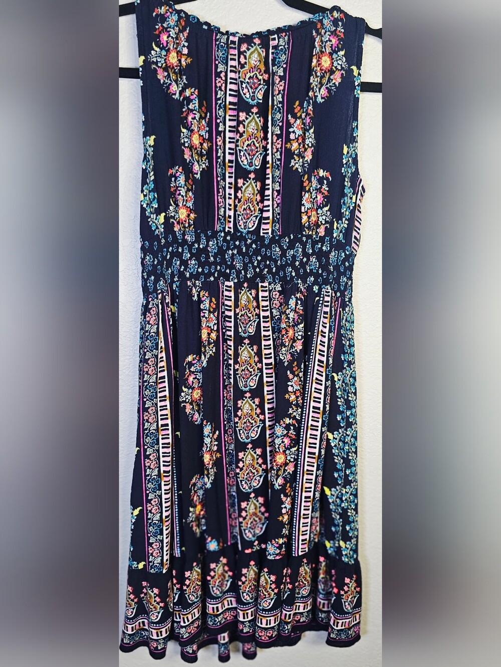 Bila M Navy Floral Paisley Boho Rayon Smocked Waist Dress